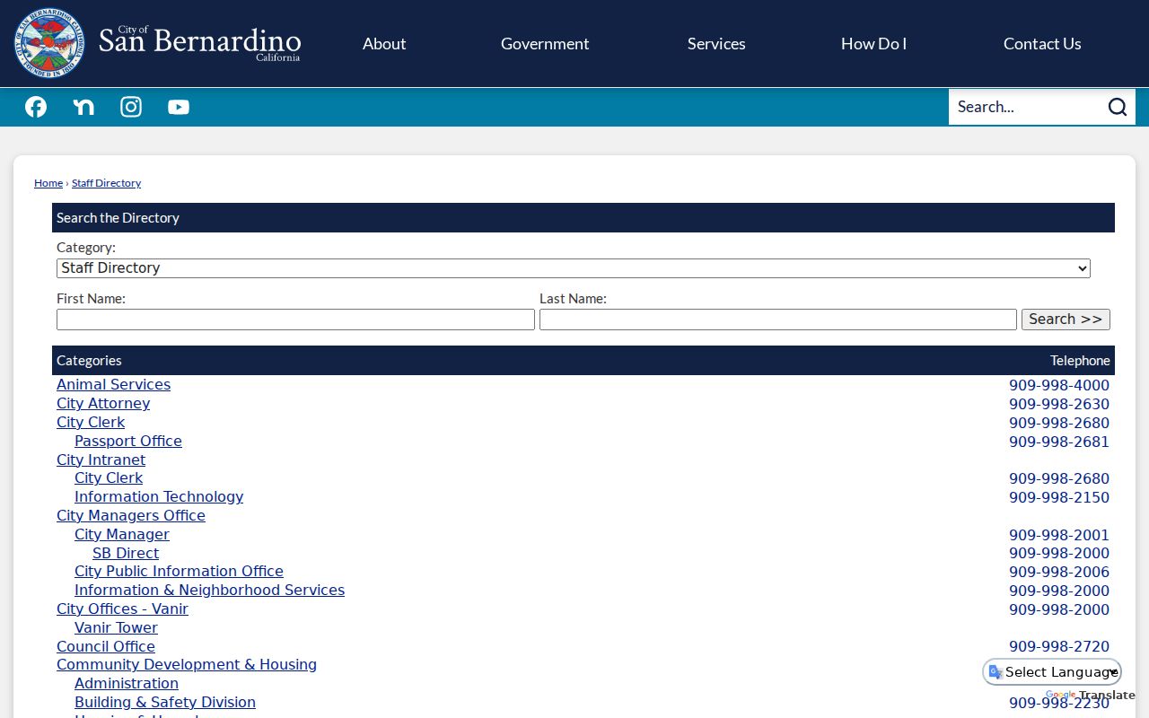 San Bernardino people search with city staff directory fields