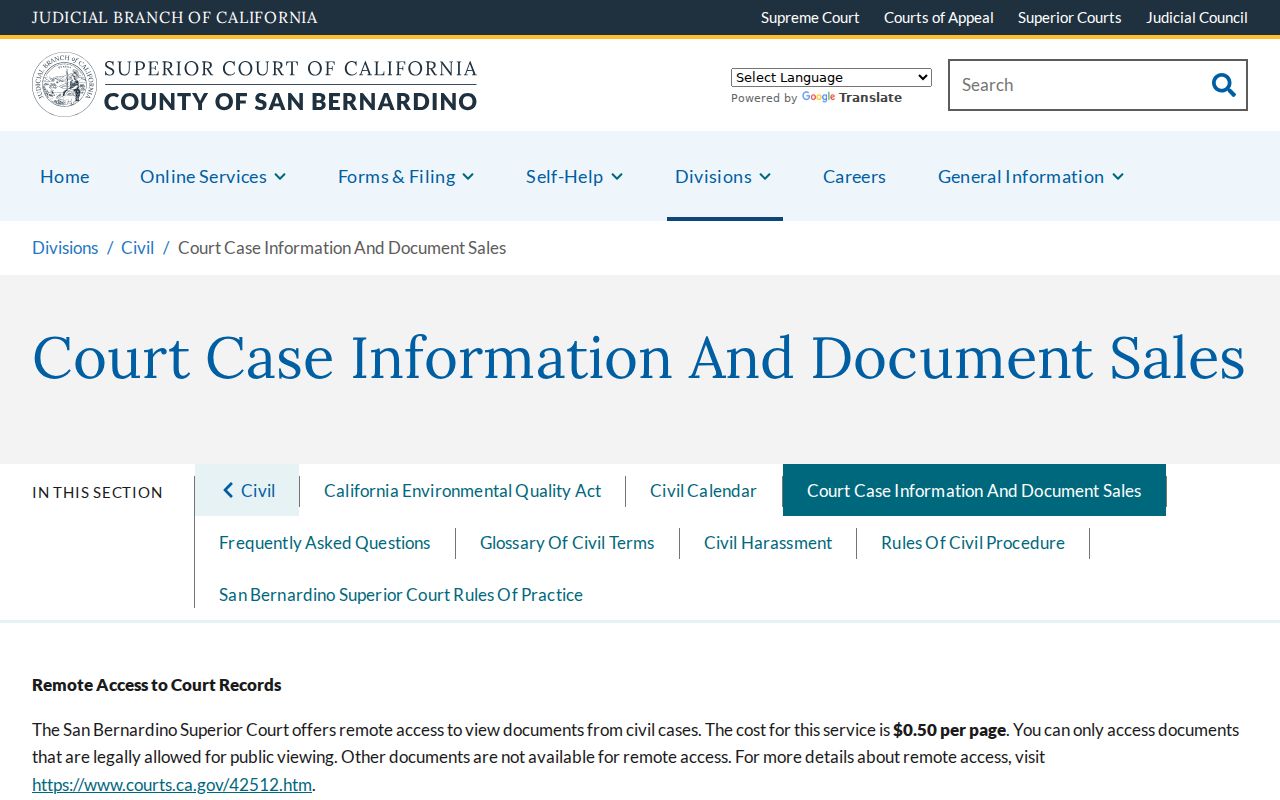 San Bernardino records civil court document sales page
