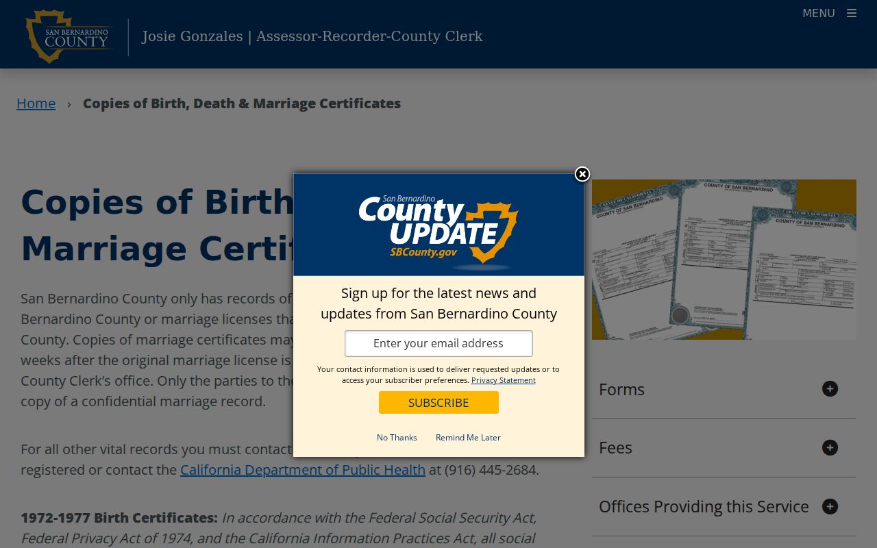 San Bernardino records vital certificate application page